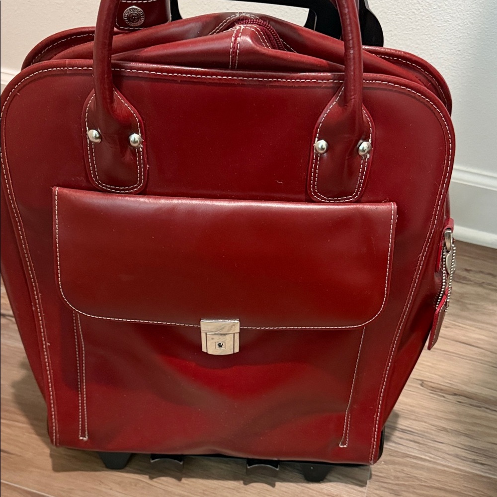 Red Leather Rolling Laptop Briefcase - Picture 5 of 6